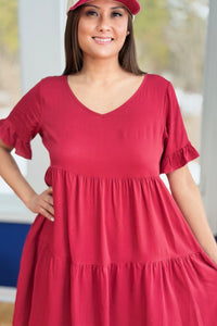 V-Neck Dress Flutter Sleeves - Burgundy