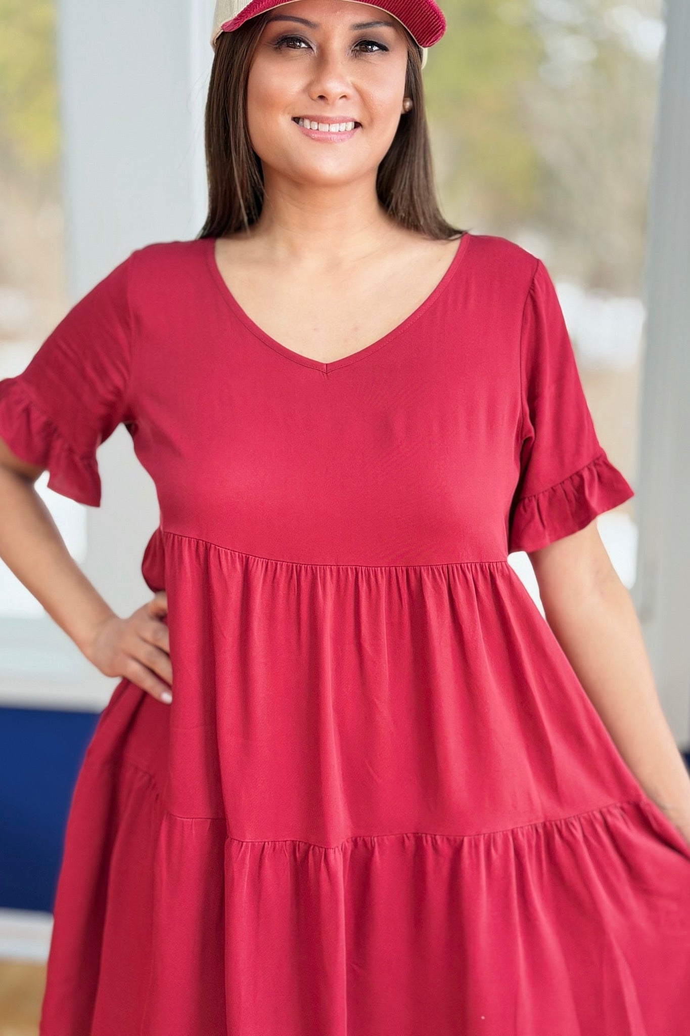 V-Neck Dress Flutter Sleeves - Burgundy