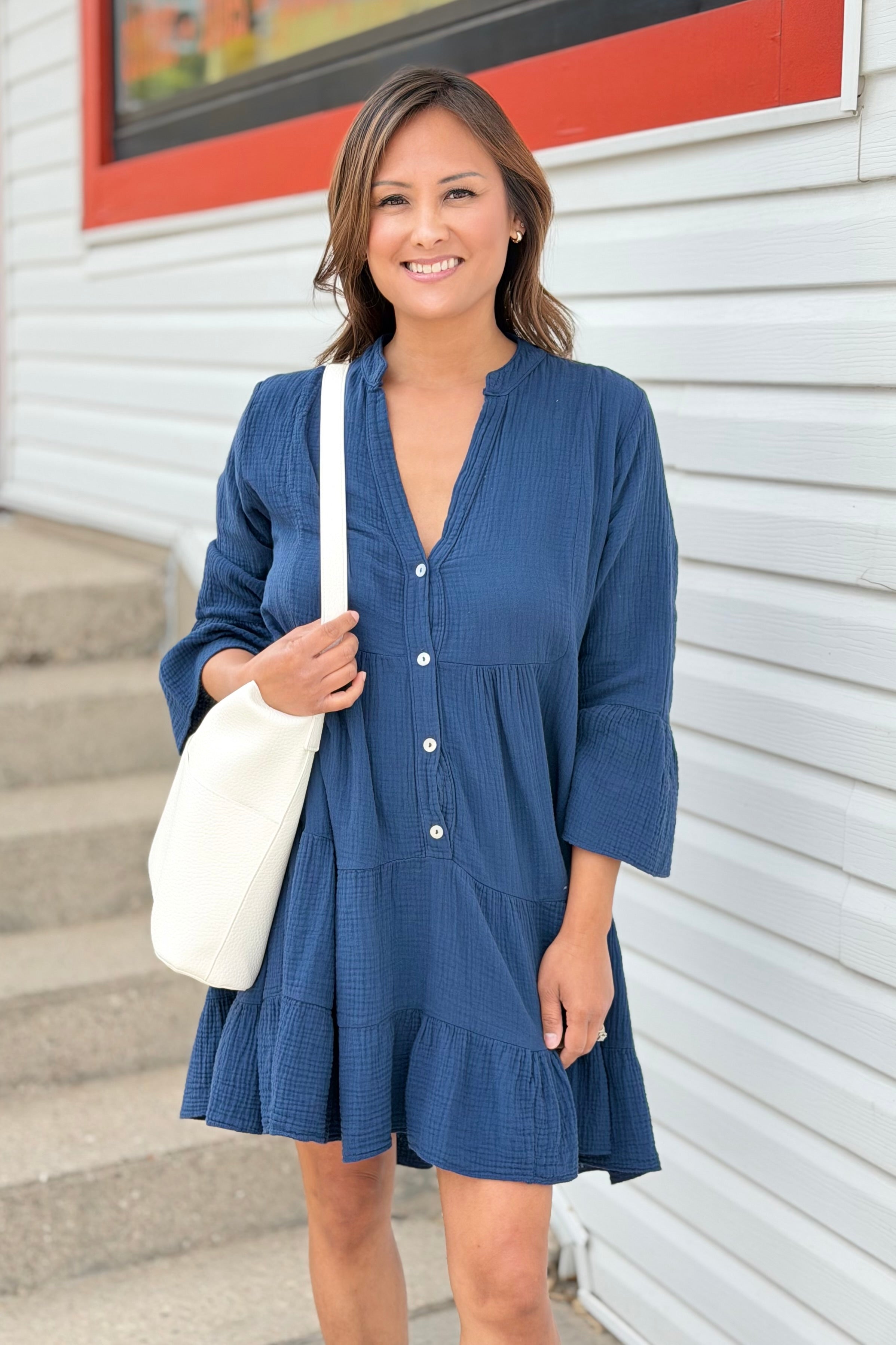 Italian Gauze Cotton Dress - Navy