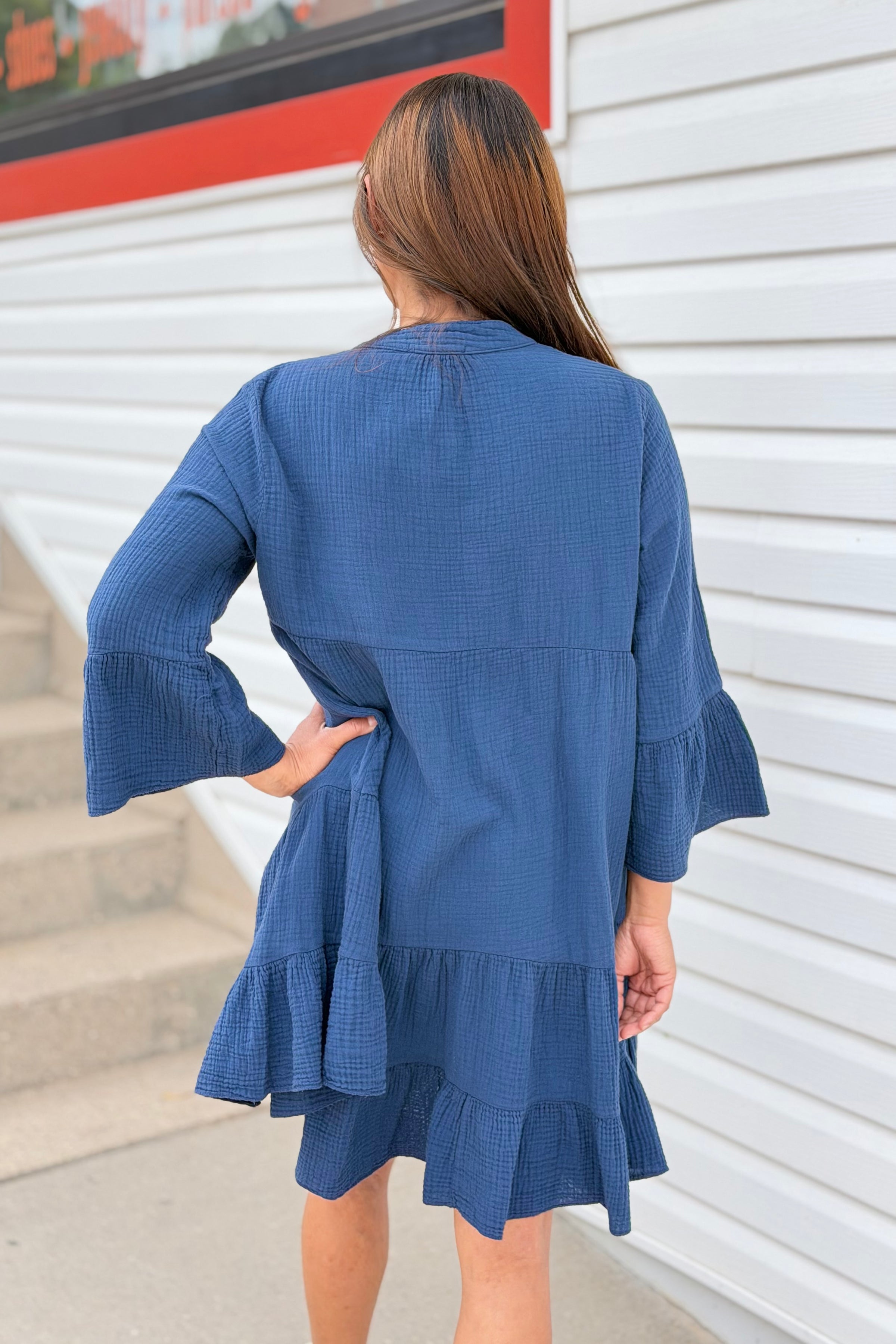 Italian Gauze Cotton Dress - Navy