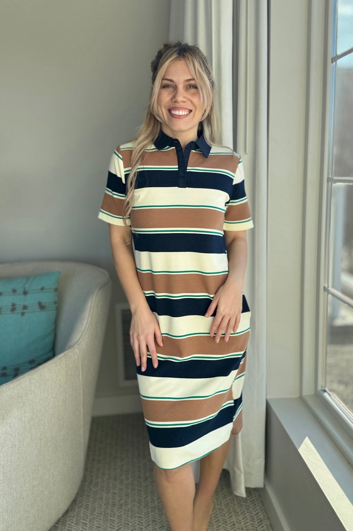 Multi Stripe Collar Midi Dress - Navy