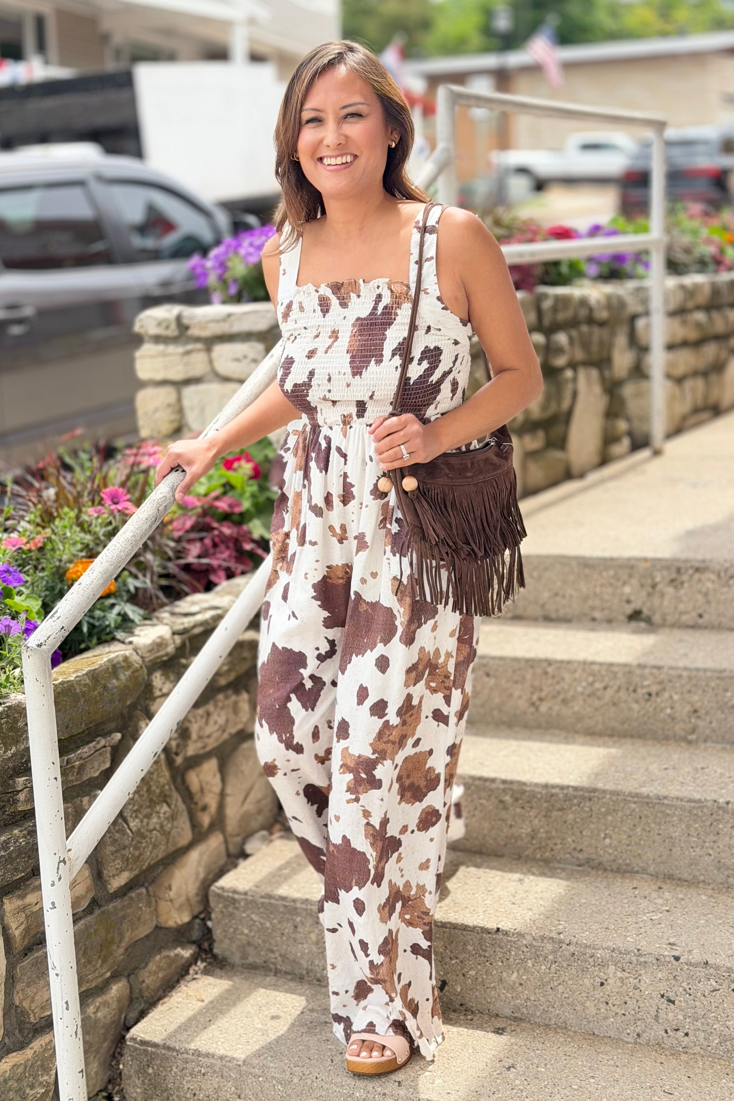 Smocked Wide Leg Jumpsuit - Cow Print