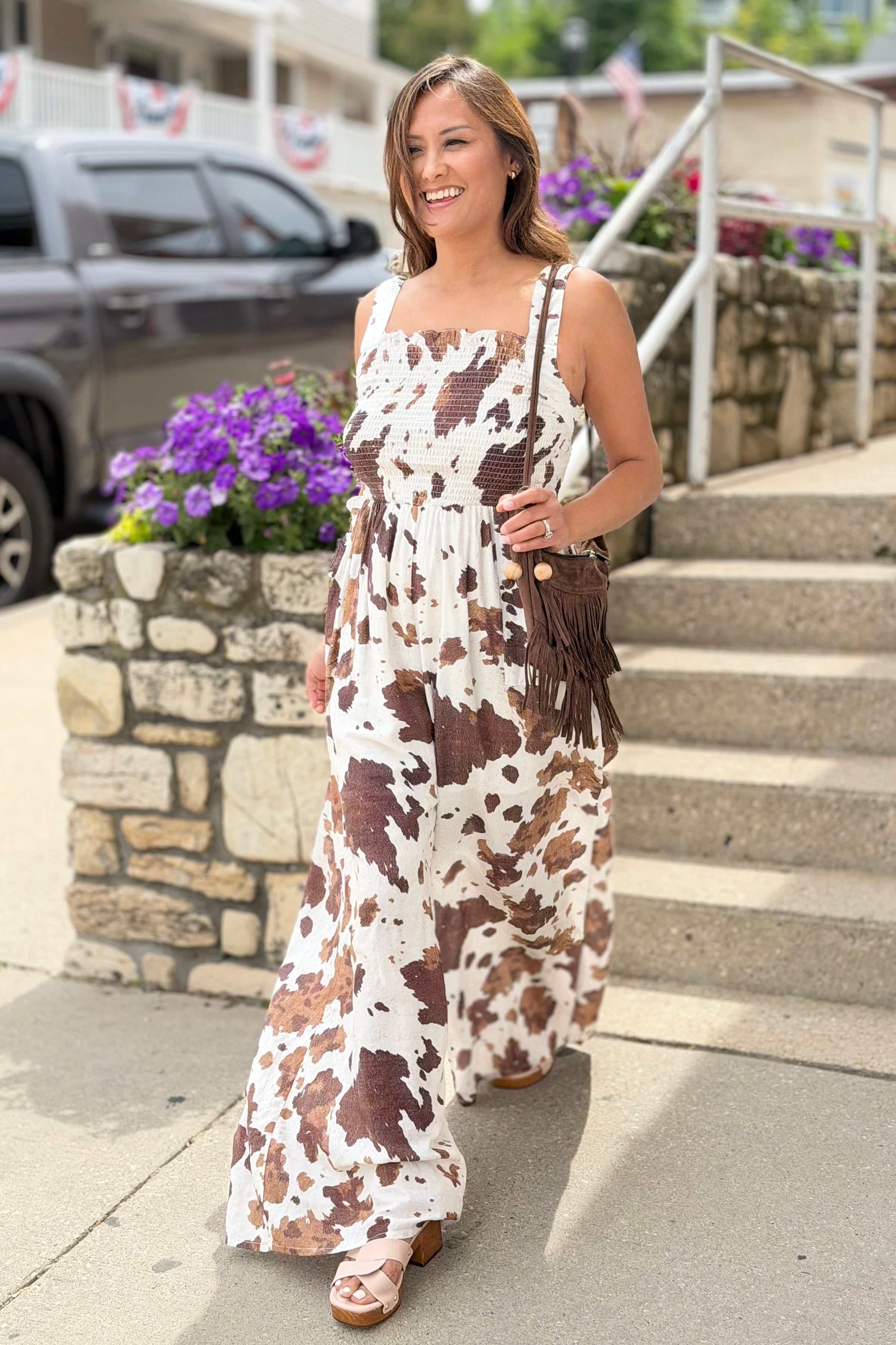 Smocked Wide Leg Jumpsuit - Cow Print