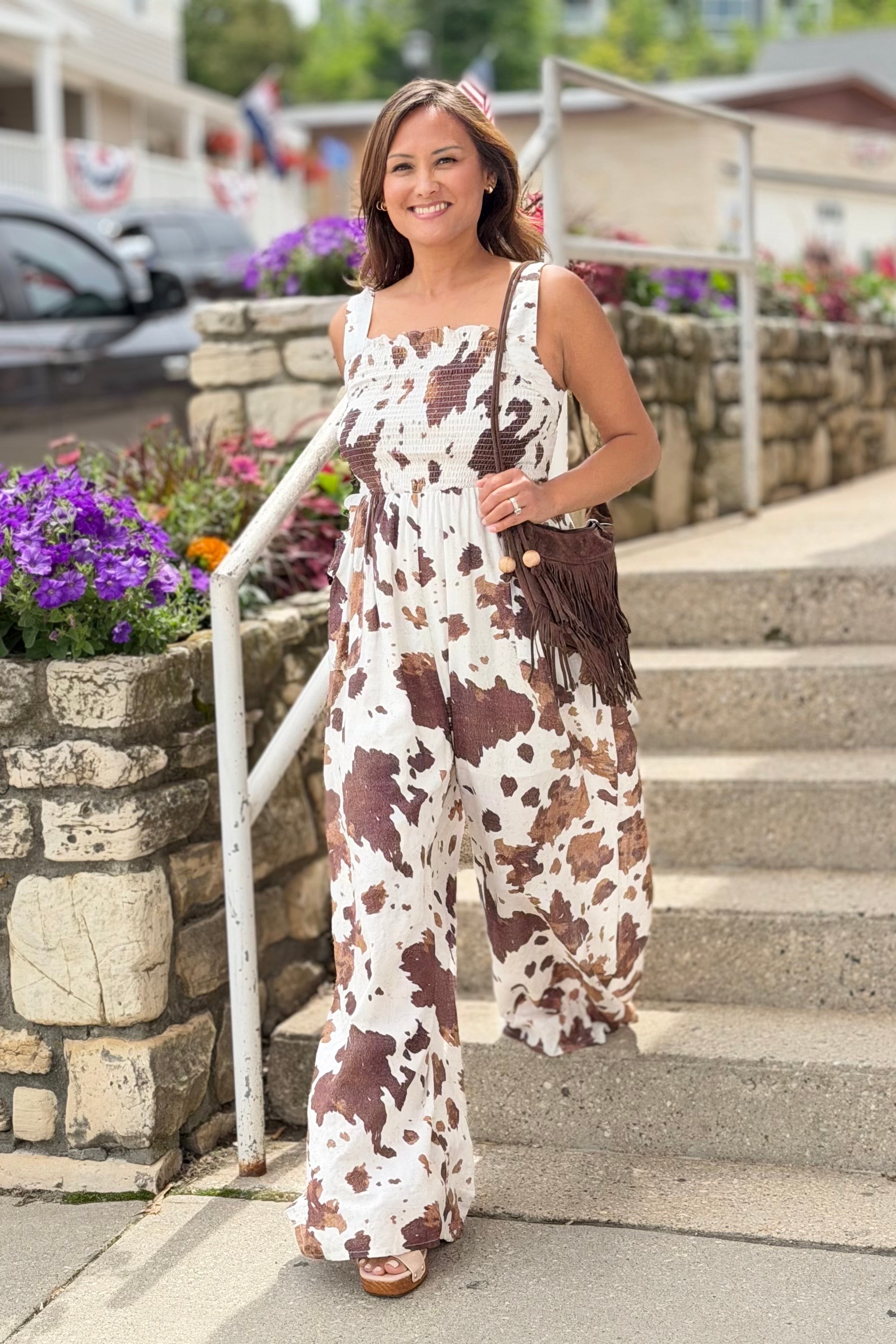 Smocked Wide Leg Jumpsuit - Cow Print