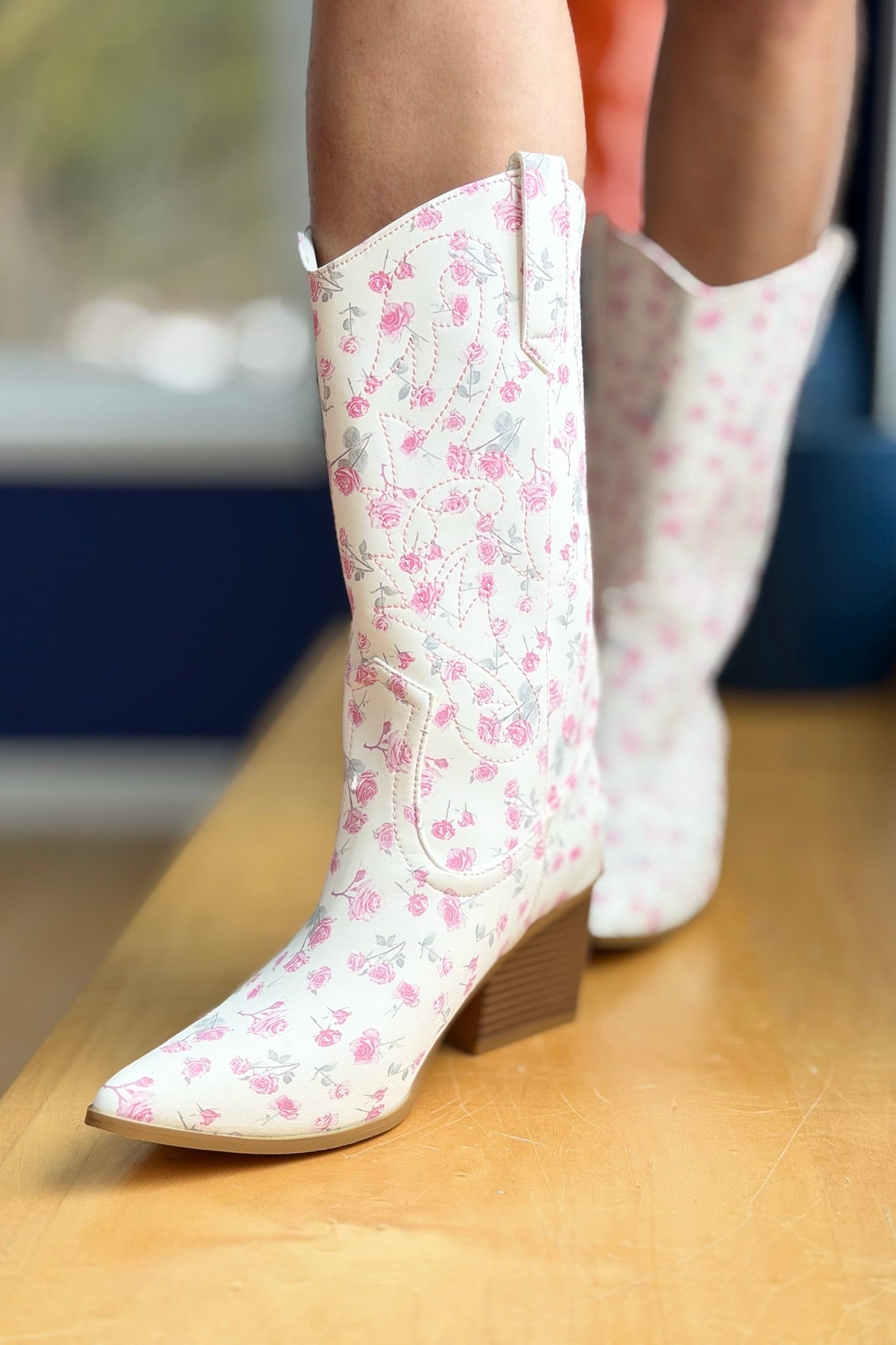Dayla - Floral Print Western Boots - White