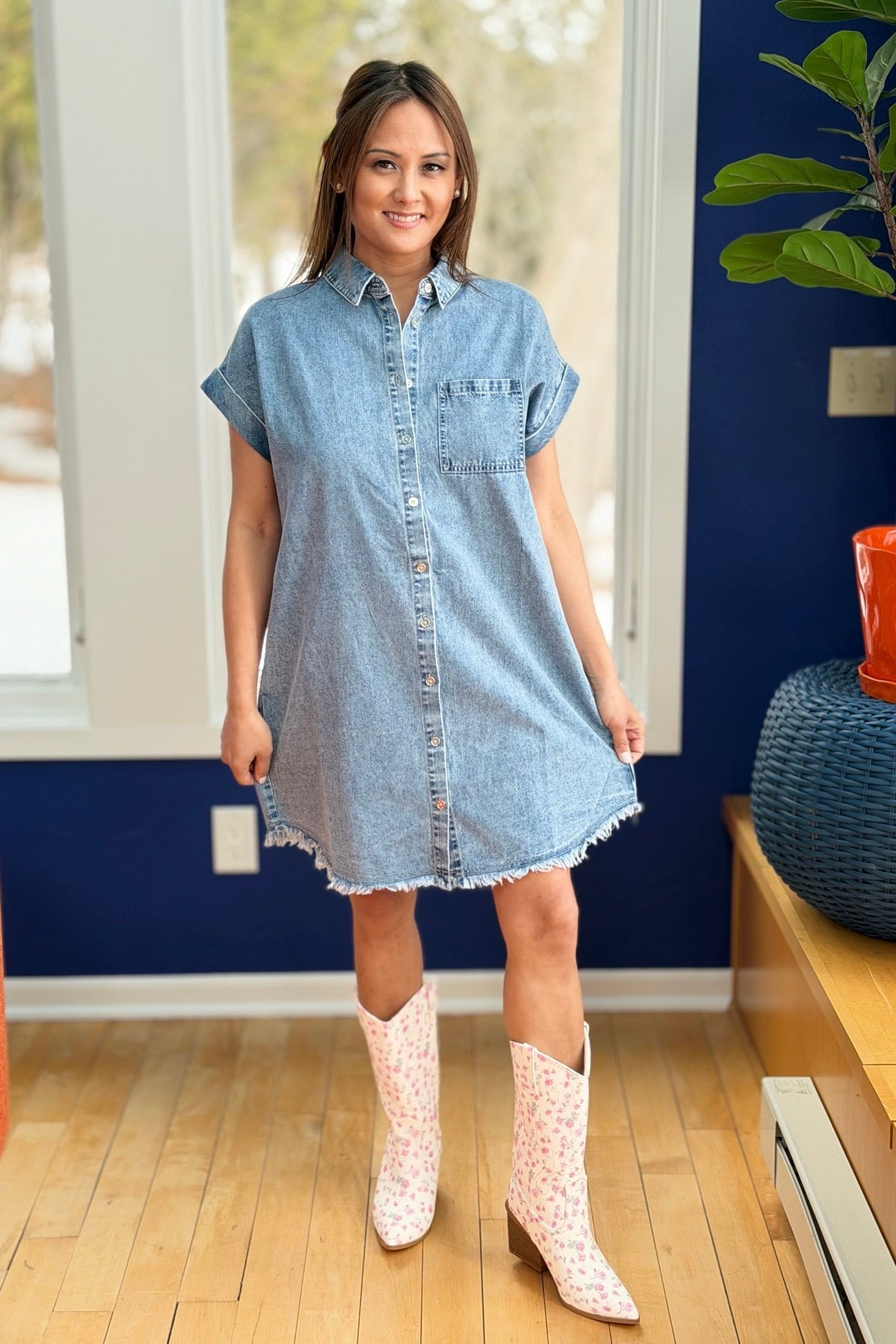 Frayed Hem Denim Shirt Dress - Light Wash