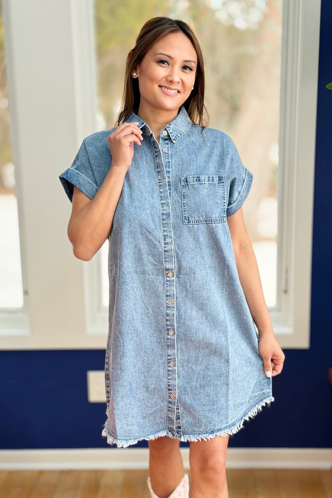 Frayed Hem Denim Shirt Dress - Light Wash