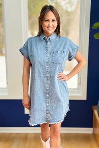 Frayed Hem Denim Shirt Dress - Light Wash