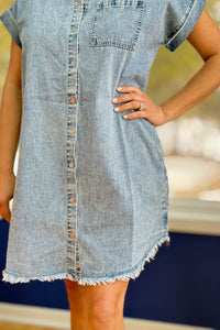 Frayed Hem Denim Shirt Dress - Light Wash