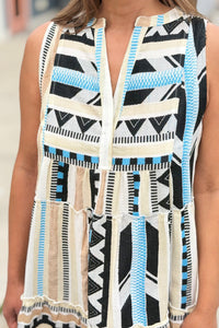 A-Line Sleeveless Dress - Neutral Aztec