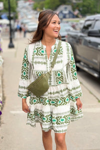 Abstract Bell Sleeve Dress - White Green