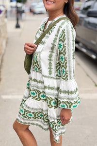 Abstract Bell Sleeve Dress - White Green