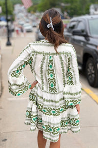 Abstract Bell Sleeve Dress - White Green