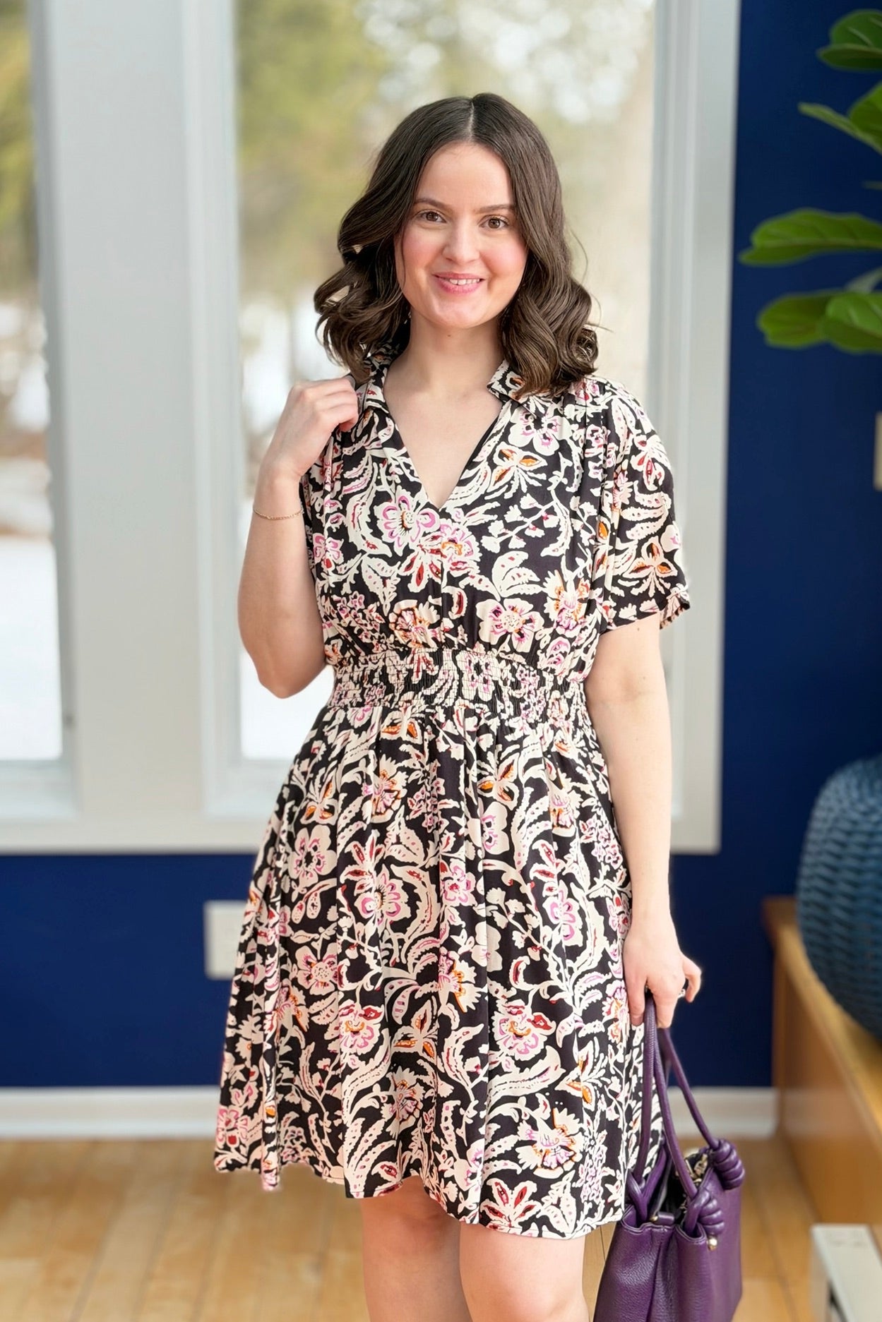 Floral Print Collared Dress - Black