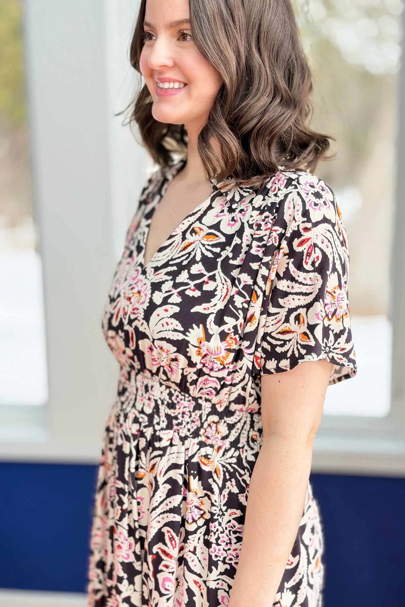 Floral Print Collared Dress - Black