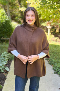 Knit Cape Cardigan With Button – Brown