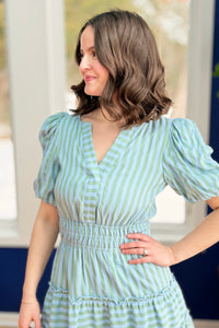 Striped V Slit Neck Bubble Sleeve Dress
