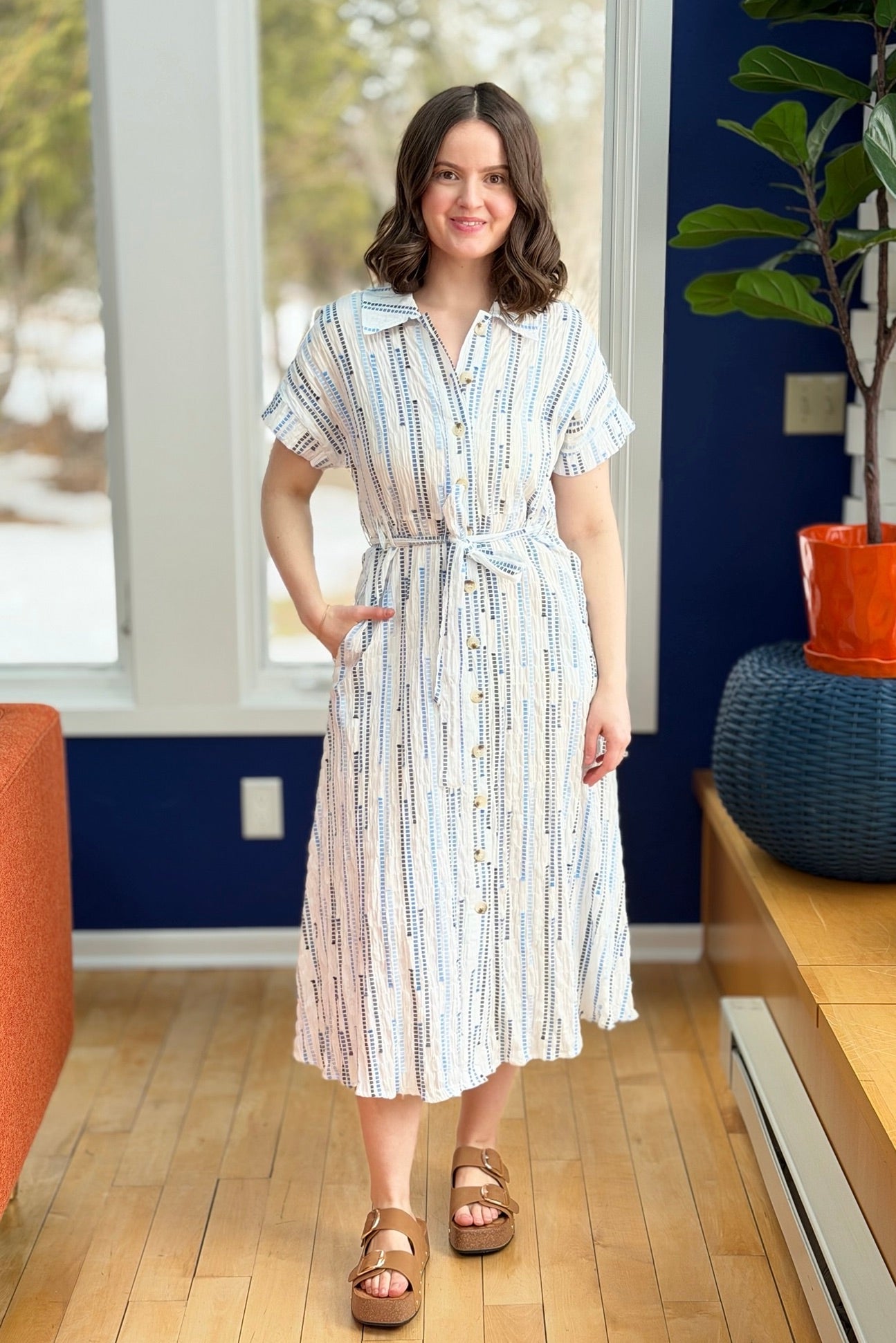 Stripe Midi Dress With Waist Tie