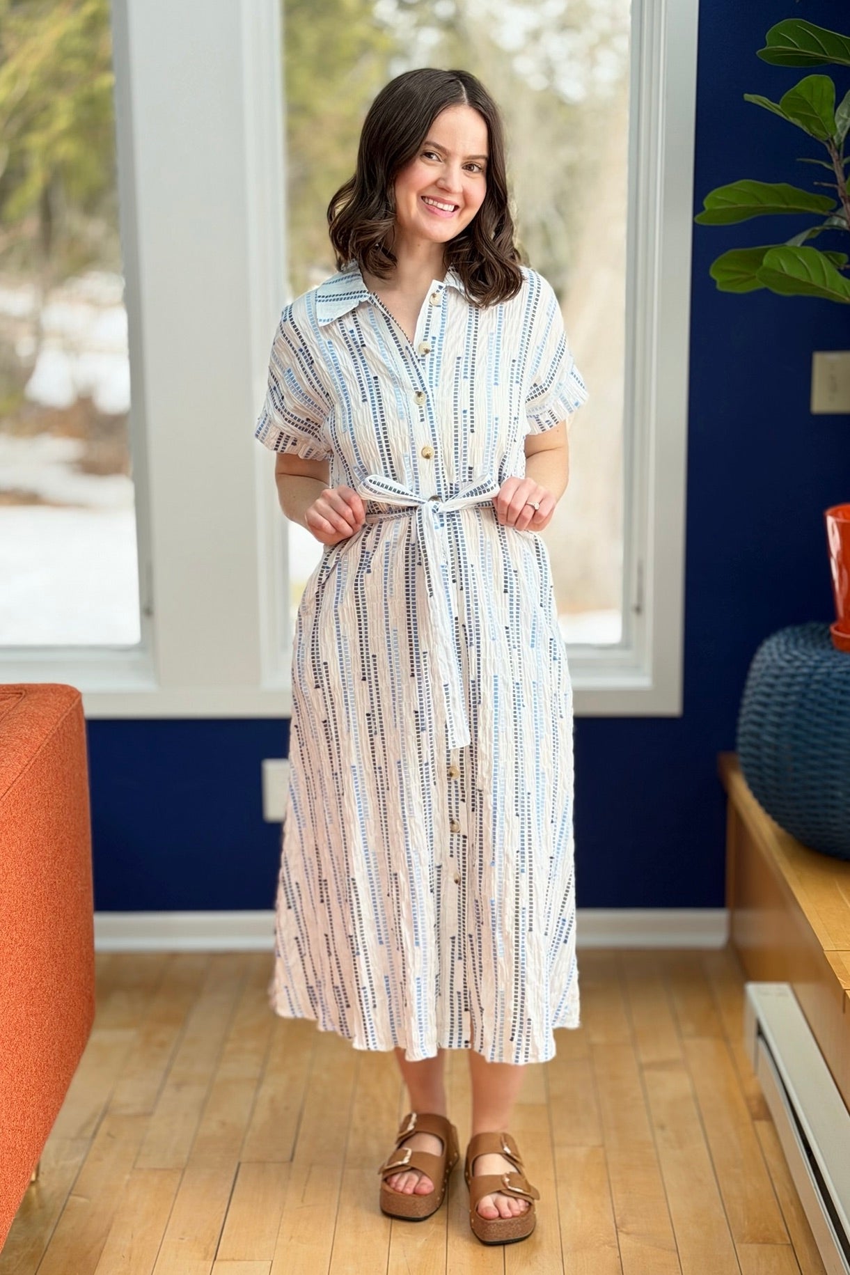 Stripe Midi Dress With Waist Tie