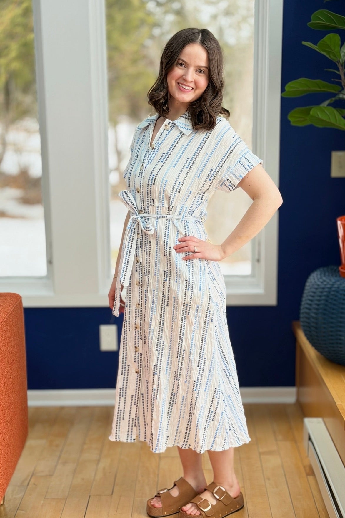 Stripe Midi Dress With Waist Tie