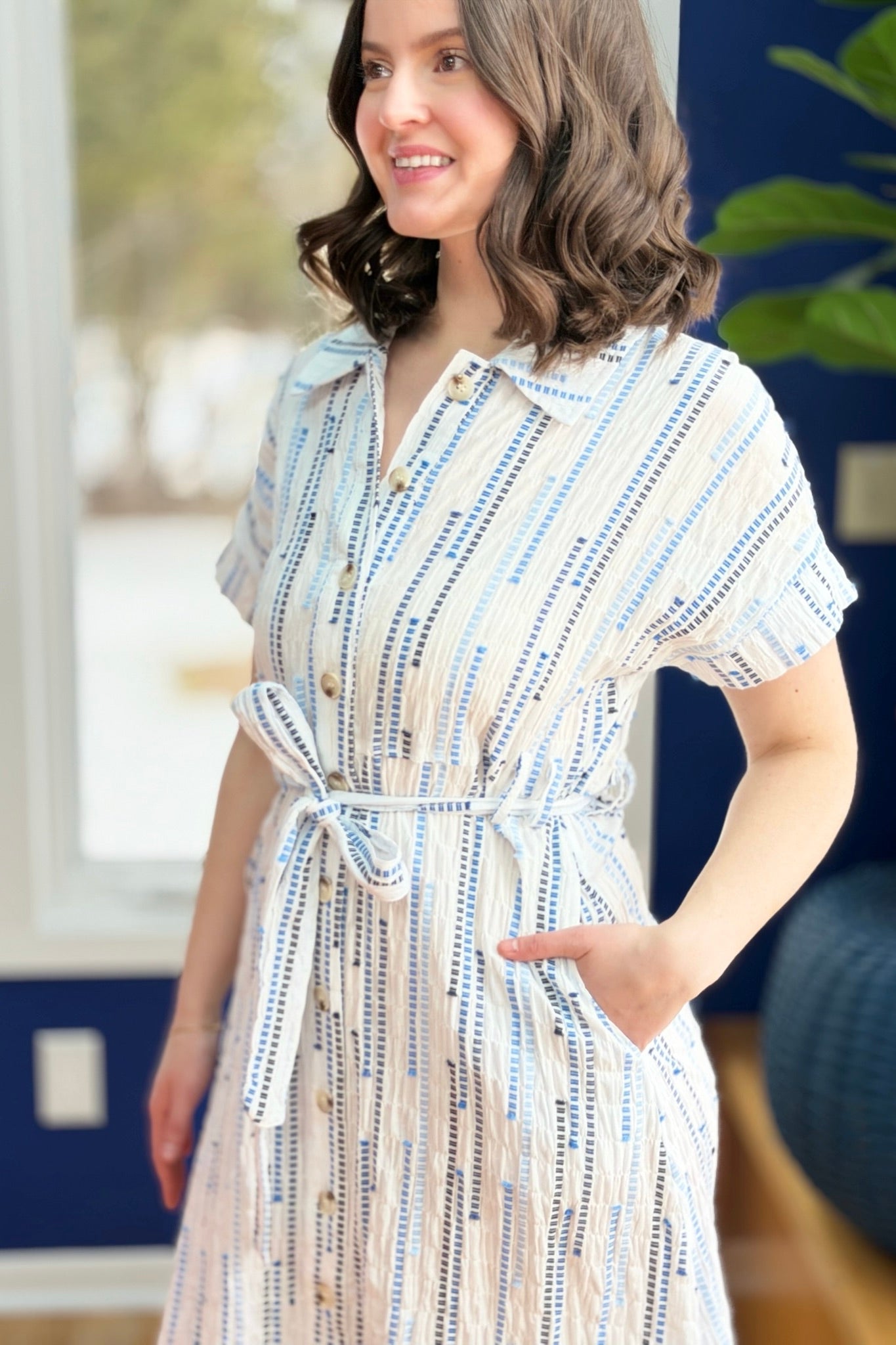 Stripe Midi Dress With Waist Tie