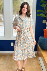 Printed Leaves Collar Midi Dress - Tan