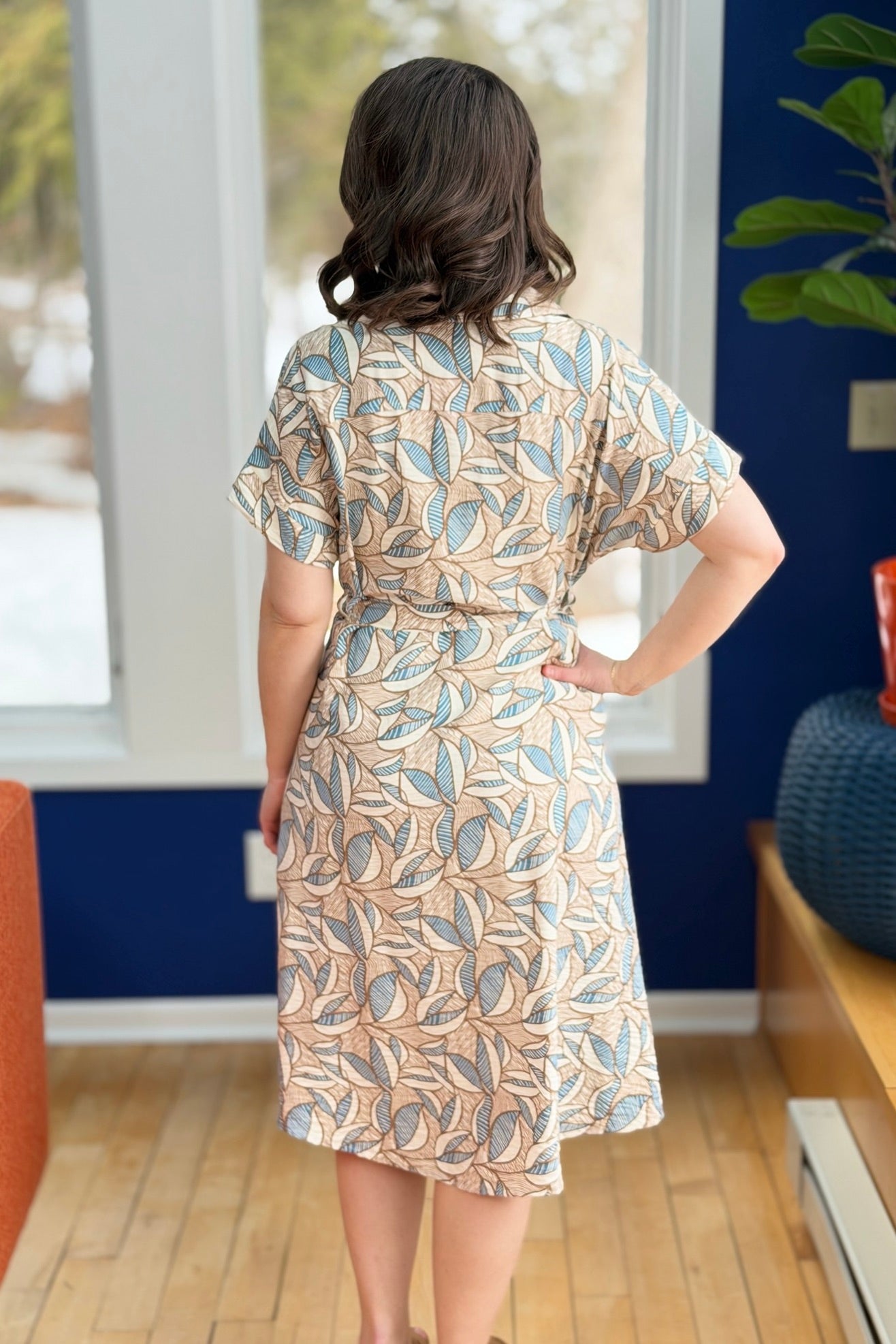 Printed Leaves Collar Midi Dress - Tan