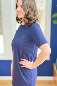 Short-Sleeve Round Neck Midi Dress - Navy
