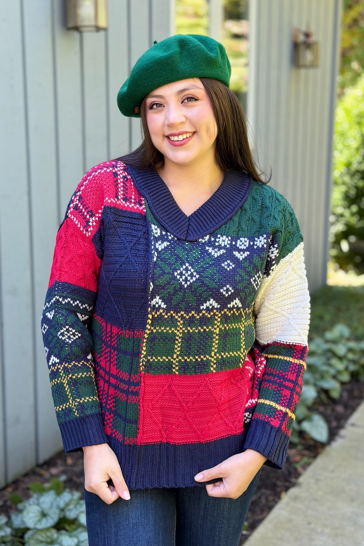Multi Pattern V-Neck Sweater - Navy