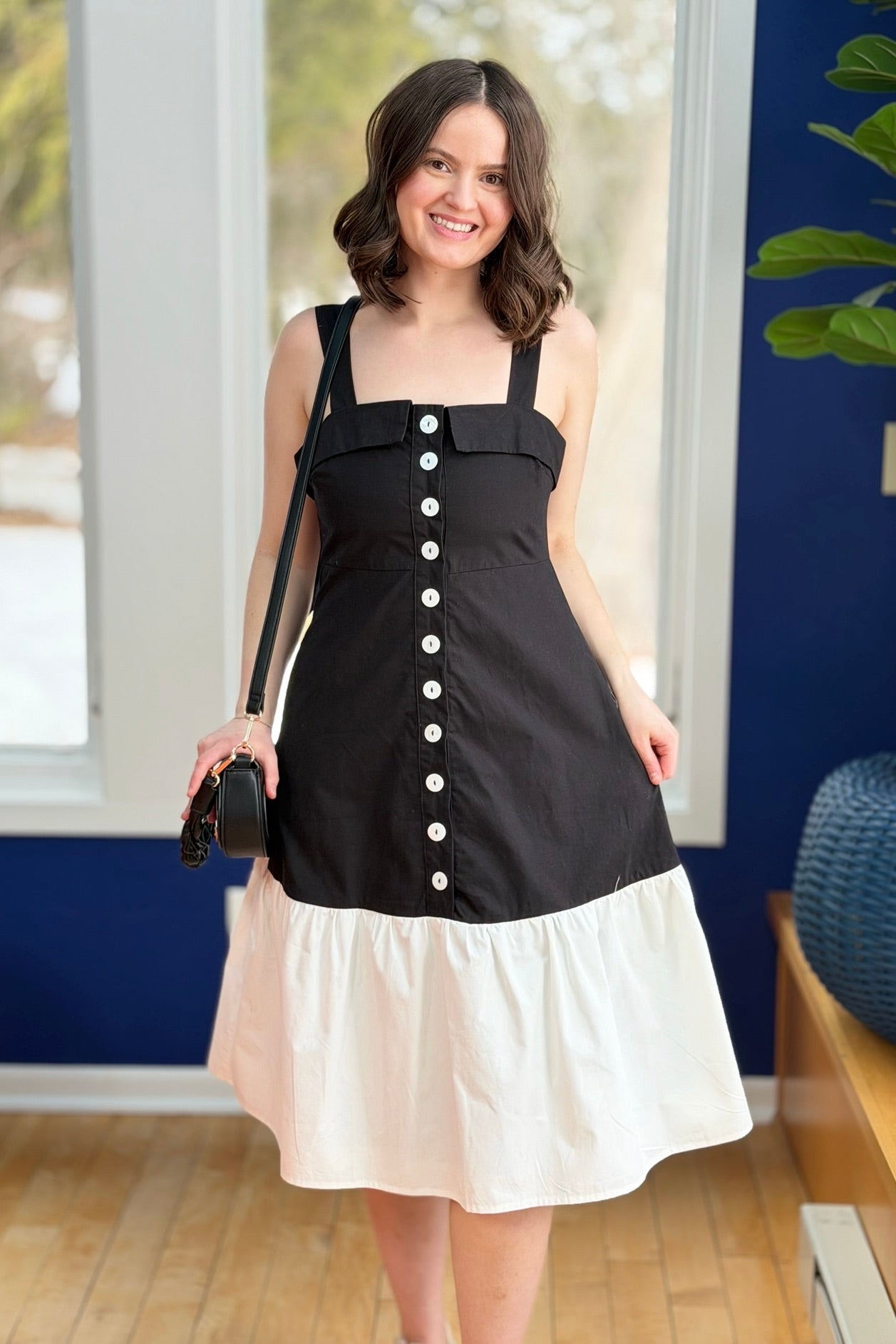 Two Toned Fold Over Neckband Dress - Black