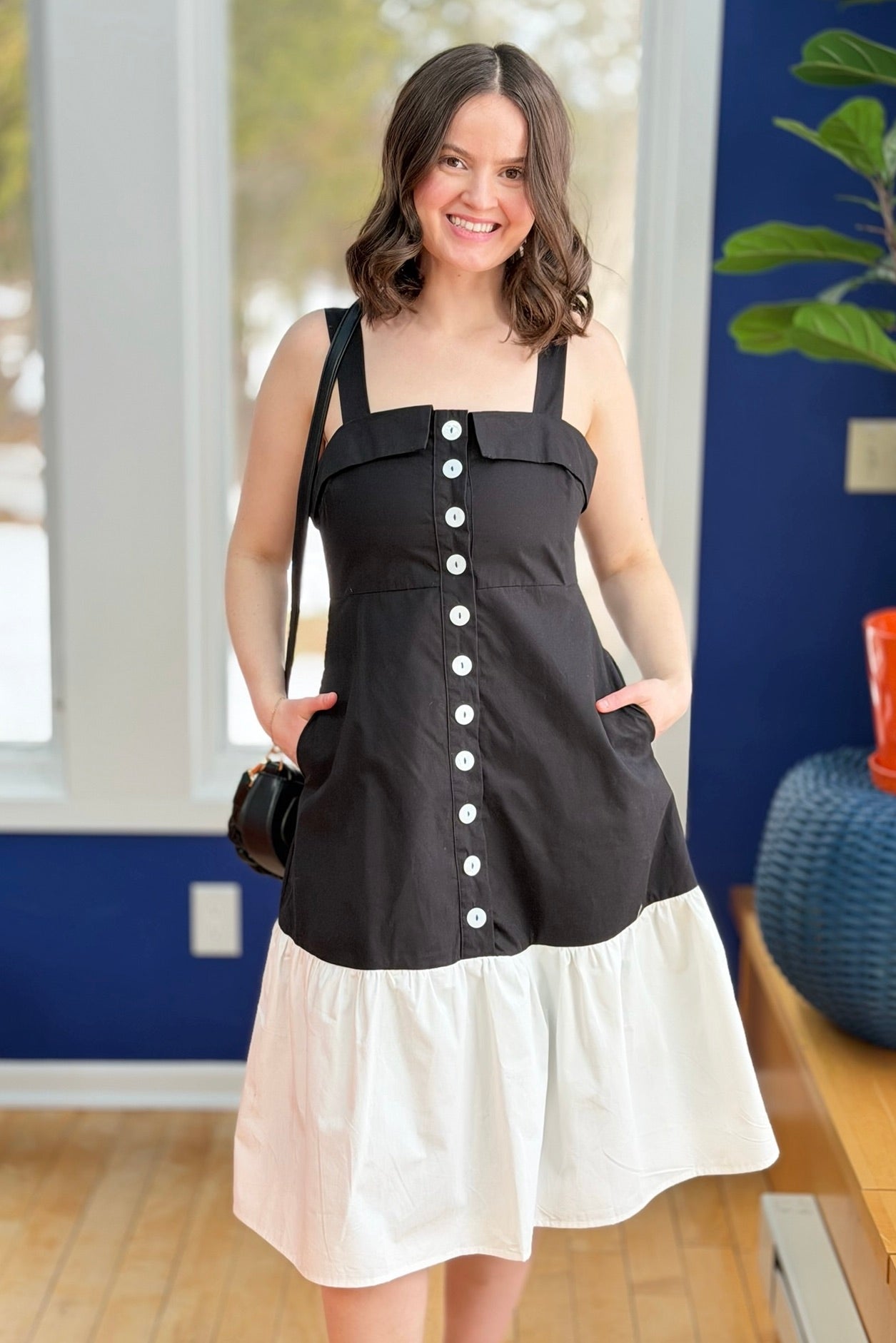 Two Toned Fold Over Neckband Dress - Black