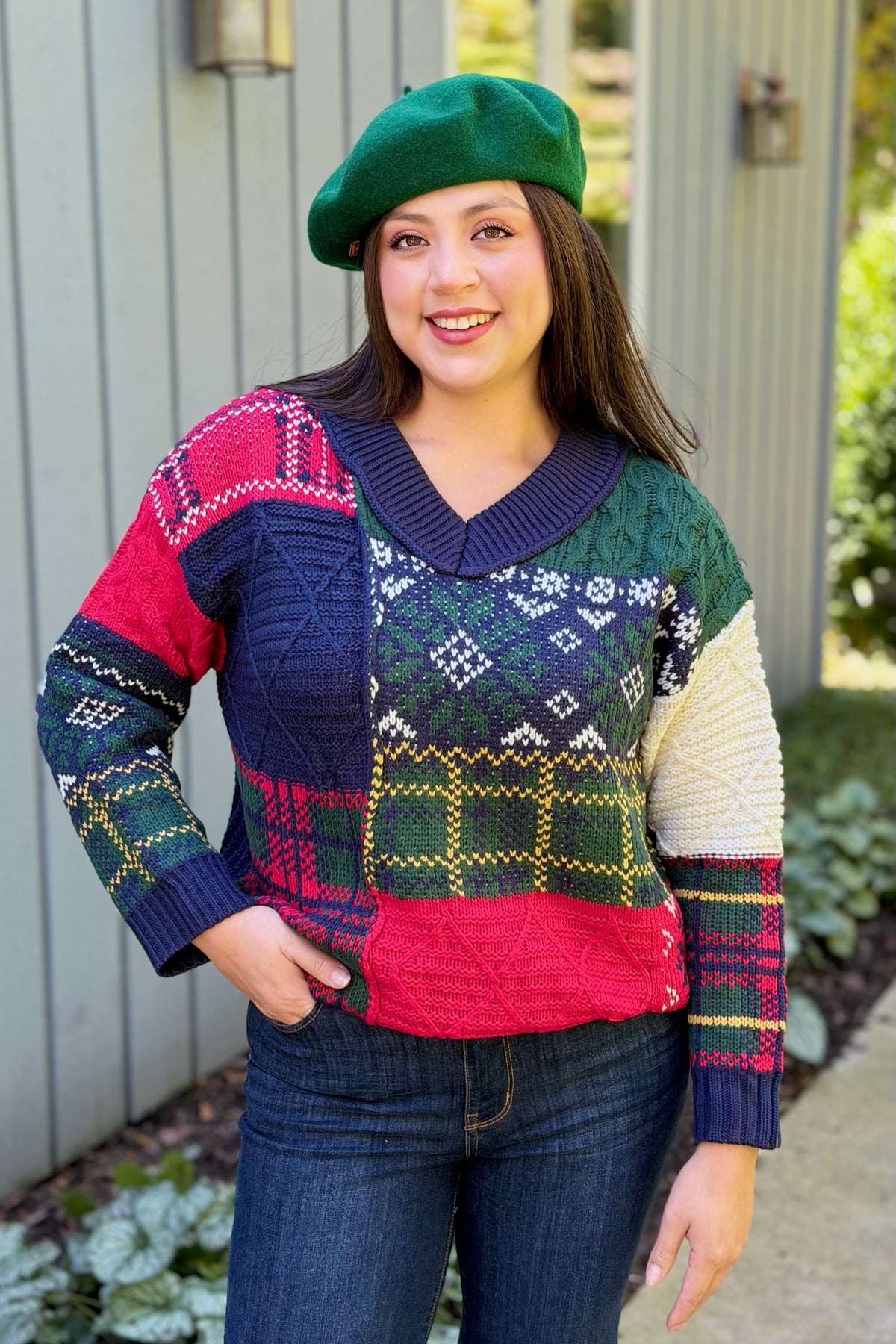 Multi Pattern V-Neck Sweater - Navy