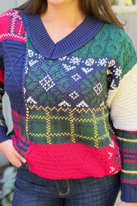 Multi Pattern V-Neck Sweater - Navy