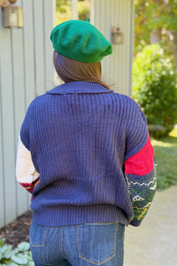 Multi Pattern V-Neck Sweater - Navy