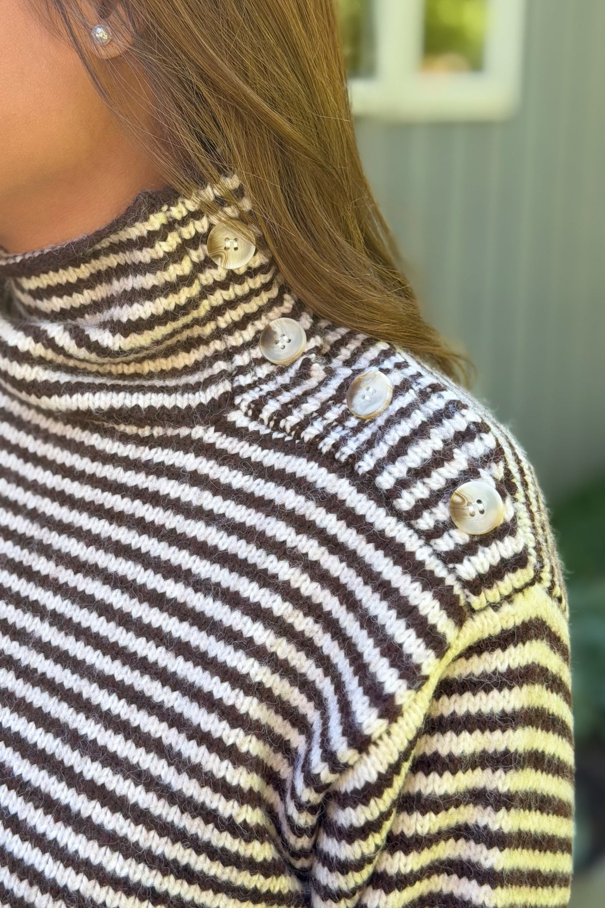Striped Button Detailed Sweater - Espresso