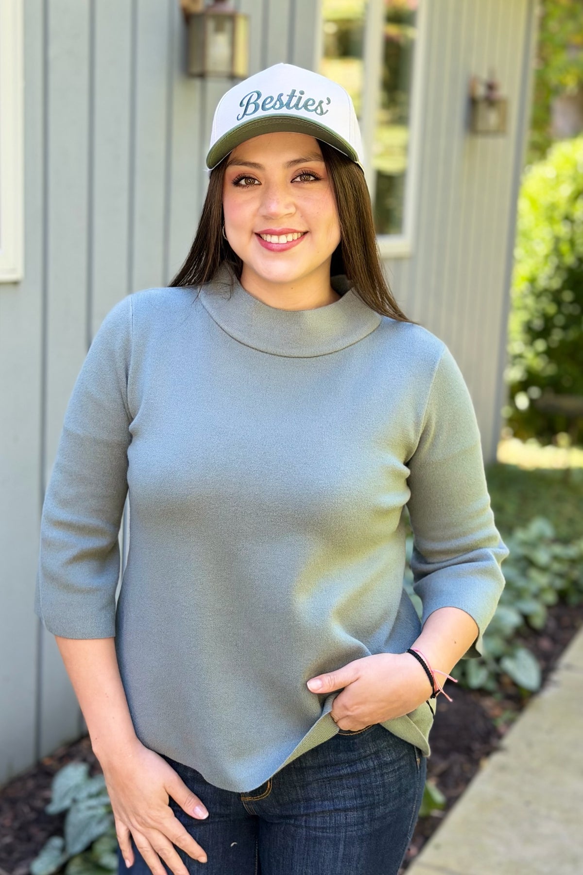 Mock Neck Bell Sleeve Sweater - Sage