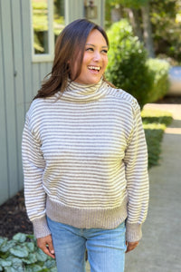 Striped Button Detailed Sweater - Taupe