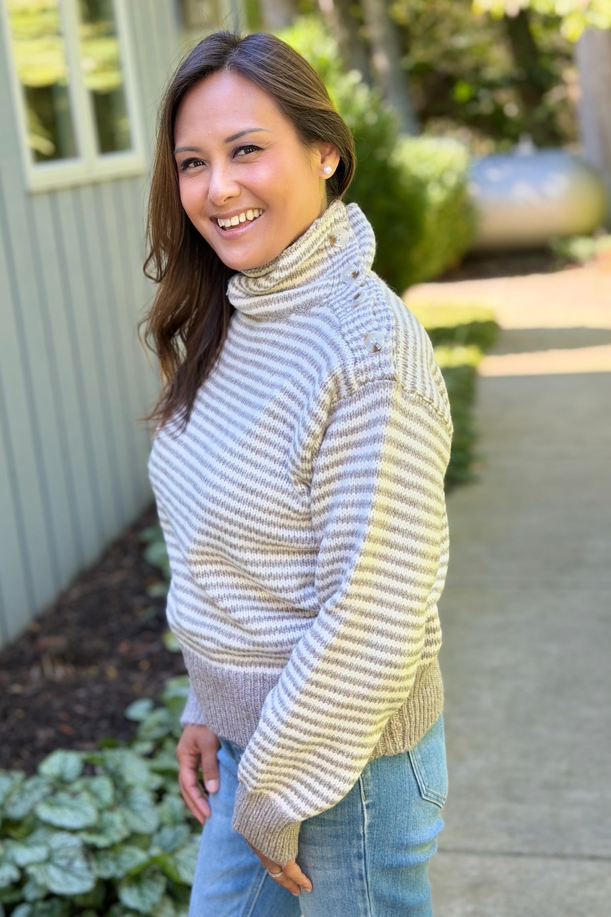 Striped Button Detailed Sweater - Taupe
