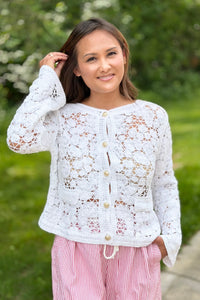 Floral Crochet Cotton Cardigan - White