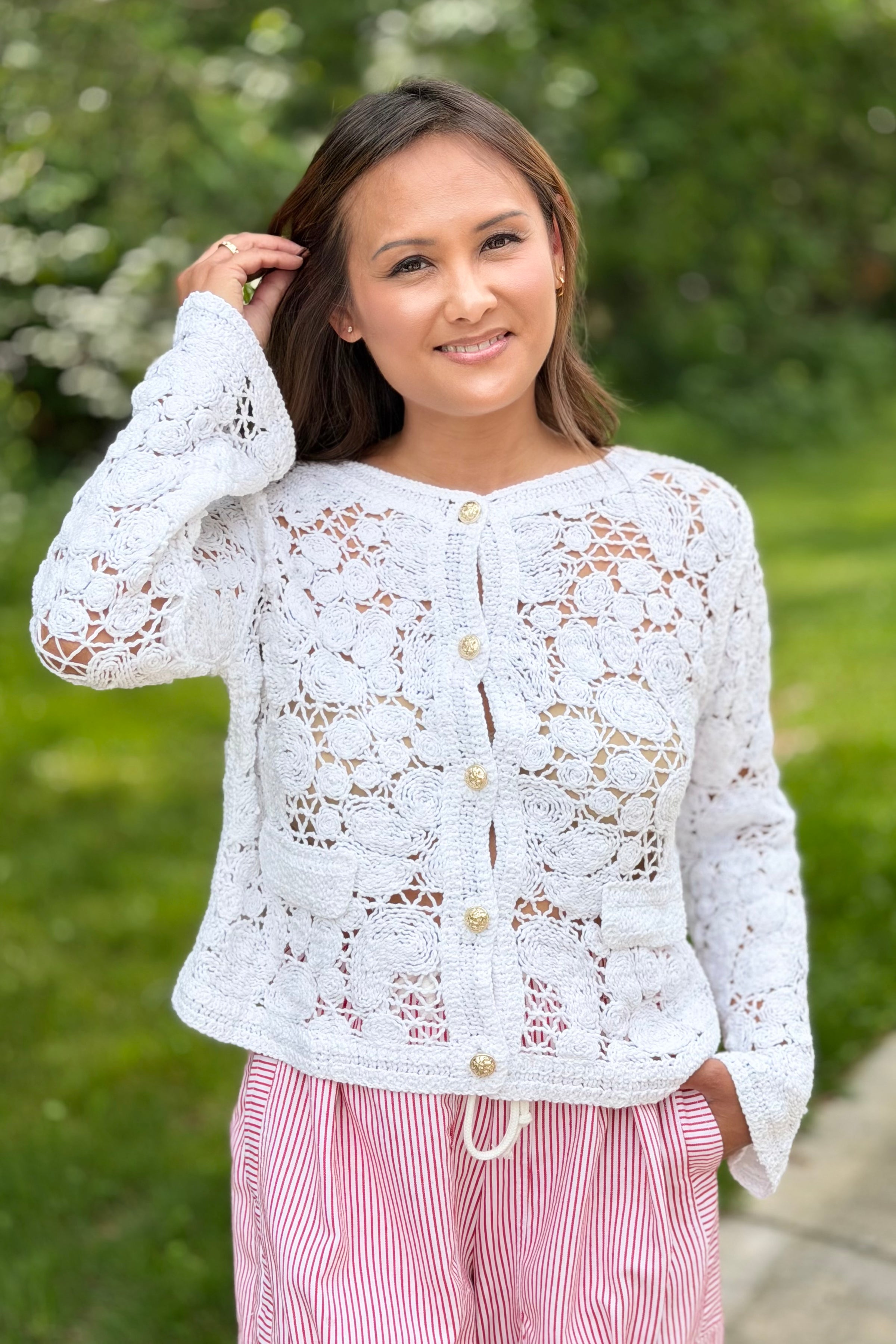 Floral Crochet Cotton Cardigan - White