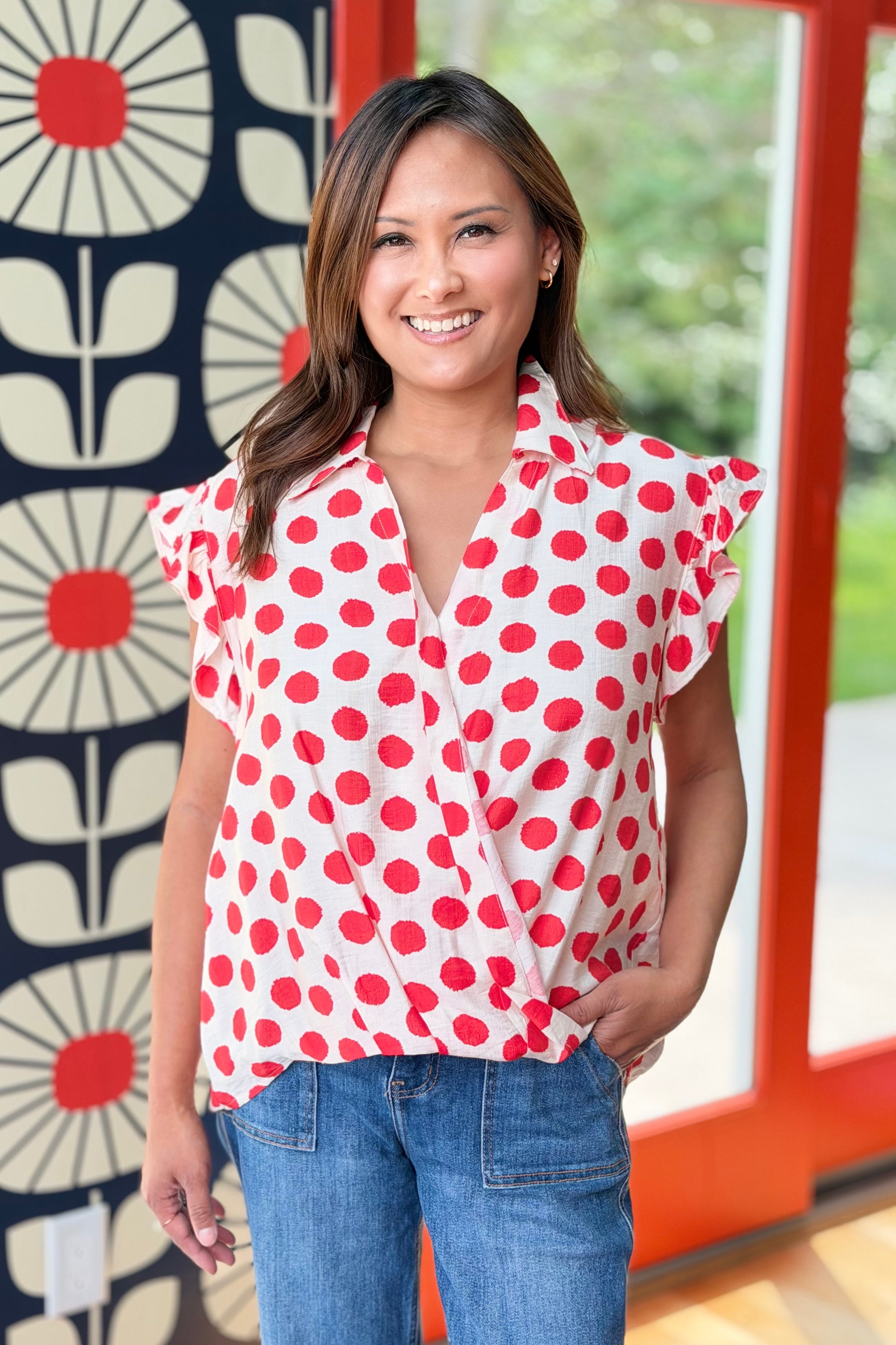 Polka Dot Ruffle Sleeve Top