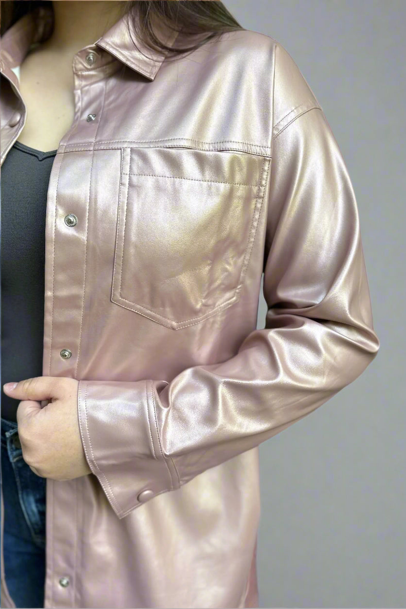 Metallic Faux Leather Shirt - Rose Gold