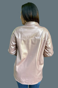 Metallic Faux Leather Shirt - Rose Gold