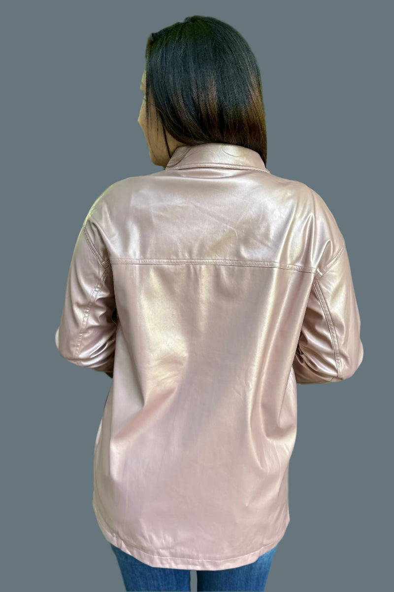 Metallic Faux Leather Shirt - Rose Gold
