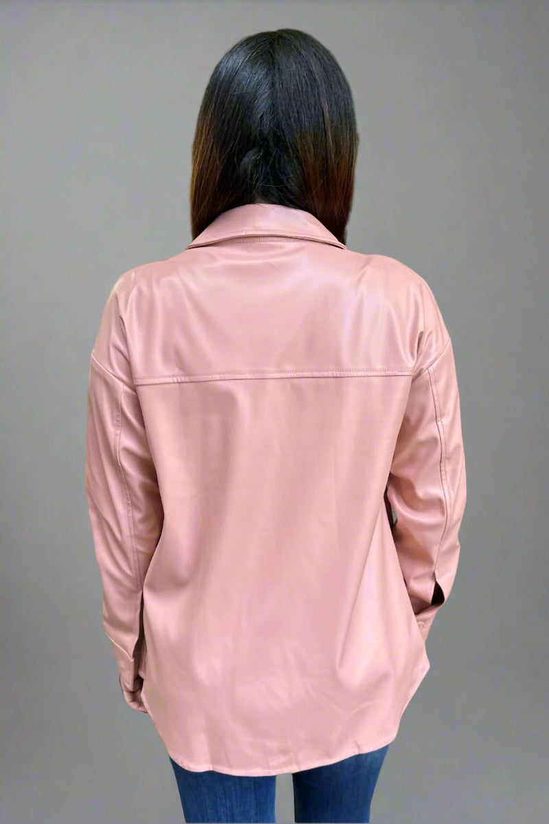 Oversized Faux Leather Shirt - Blush