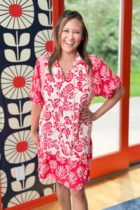 Loose Flower Mini Dress - Red