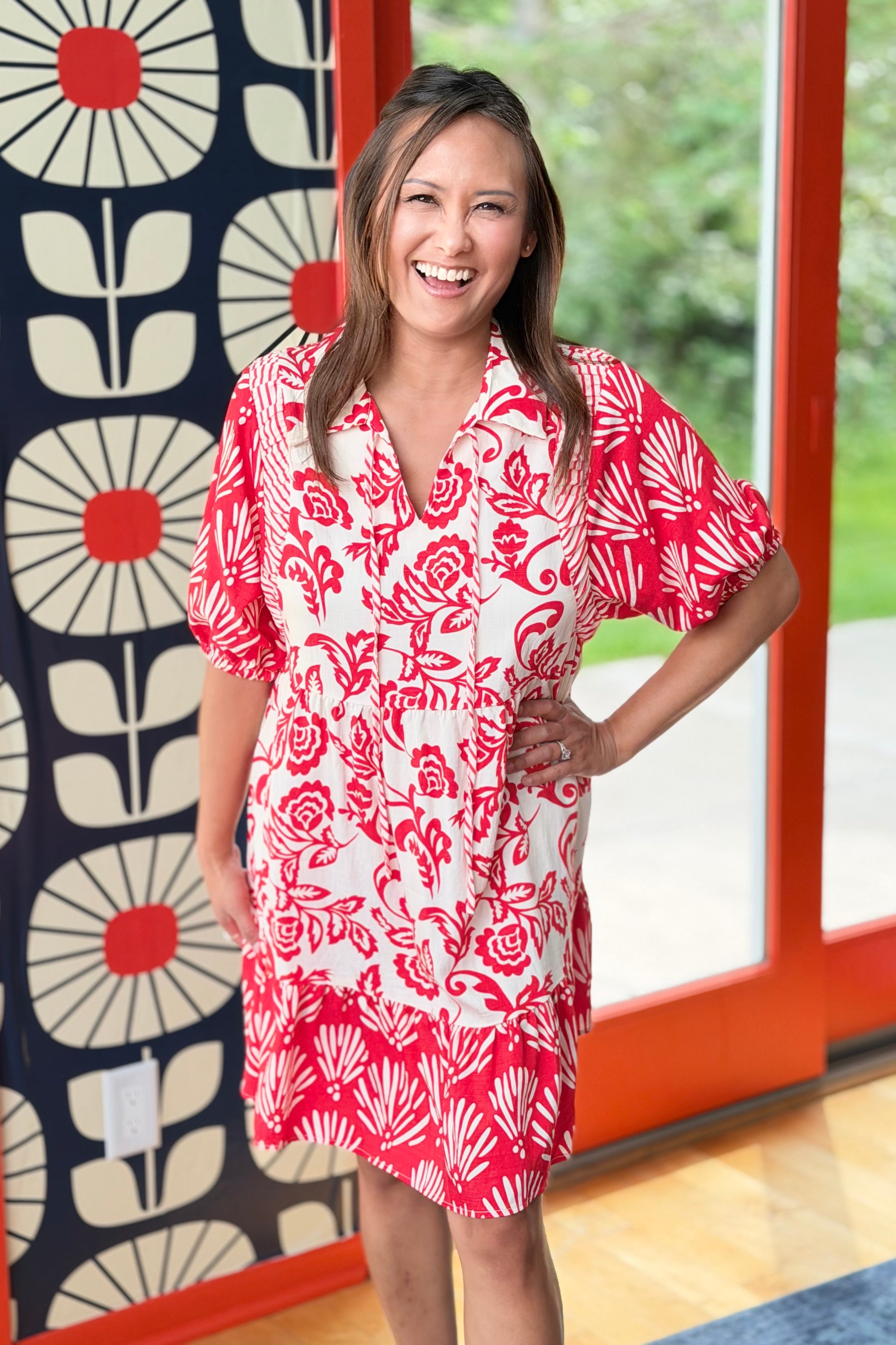 Loose Flower Mini Dress - Red