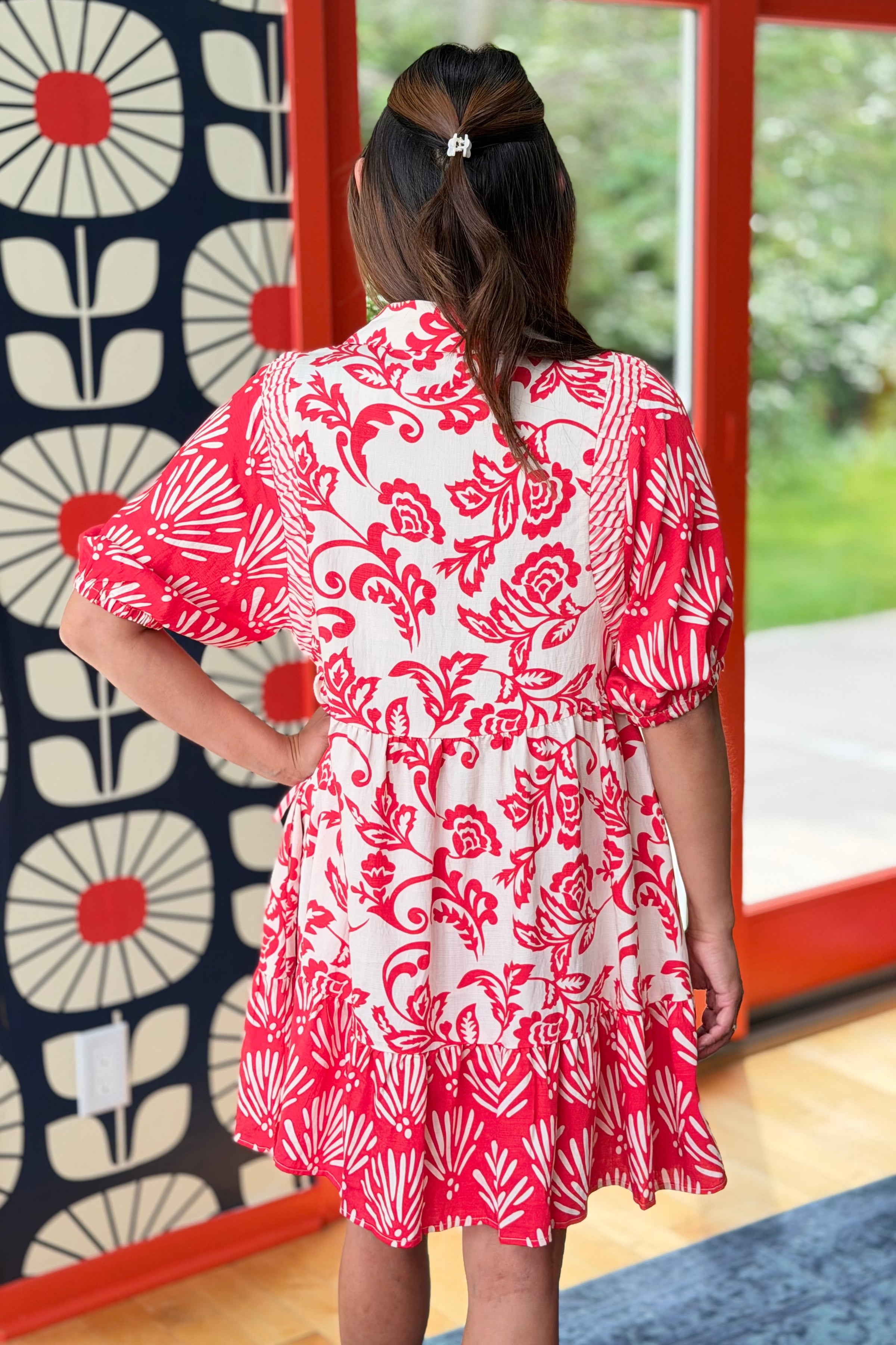 Loose Flower Mini Dress - Red