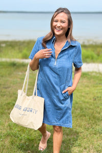 Zip Collared Short Sleeve Denim Dress
