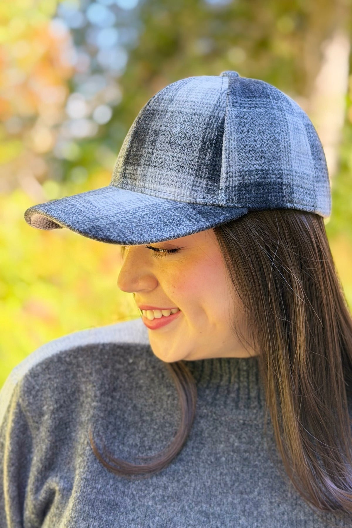 Plaid Curved Brim Baseball Cap - Black